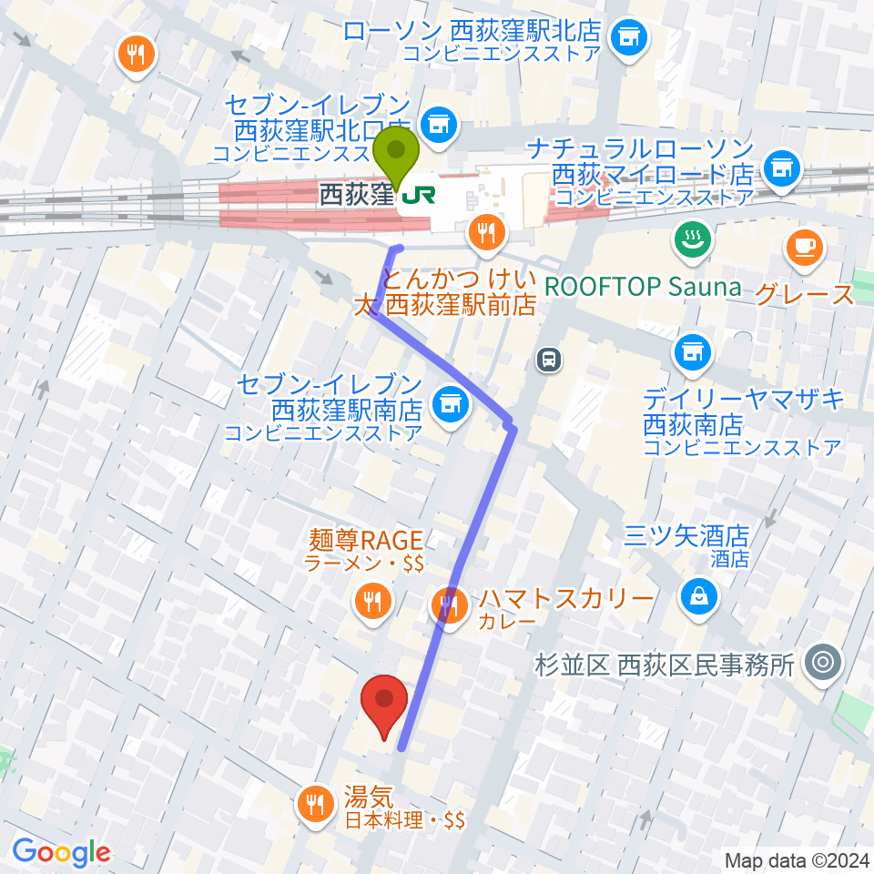 ビッグメイドミュージックの最寄駅西荻窪駅からの徒歩ルート（約5分）地図