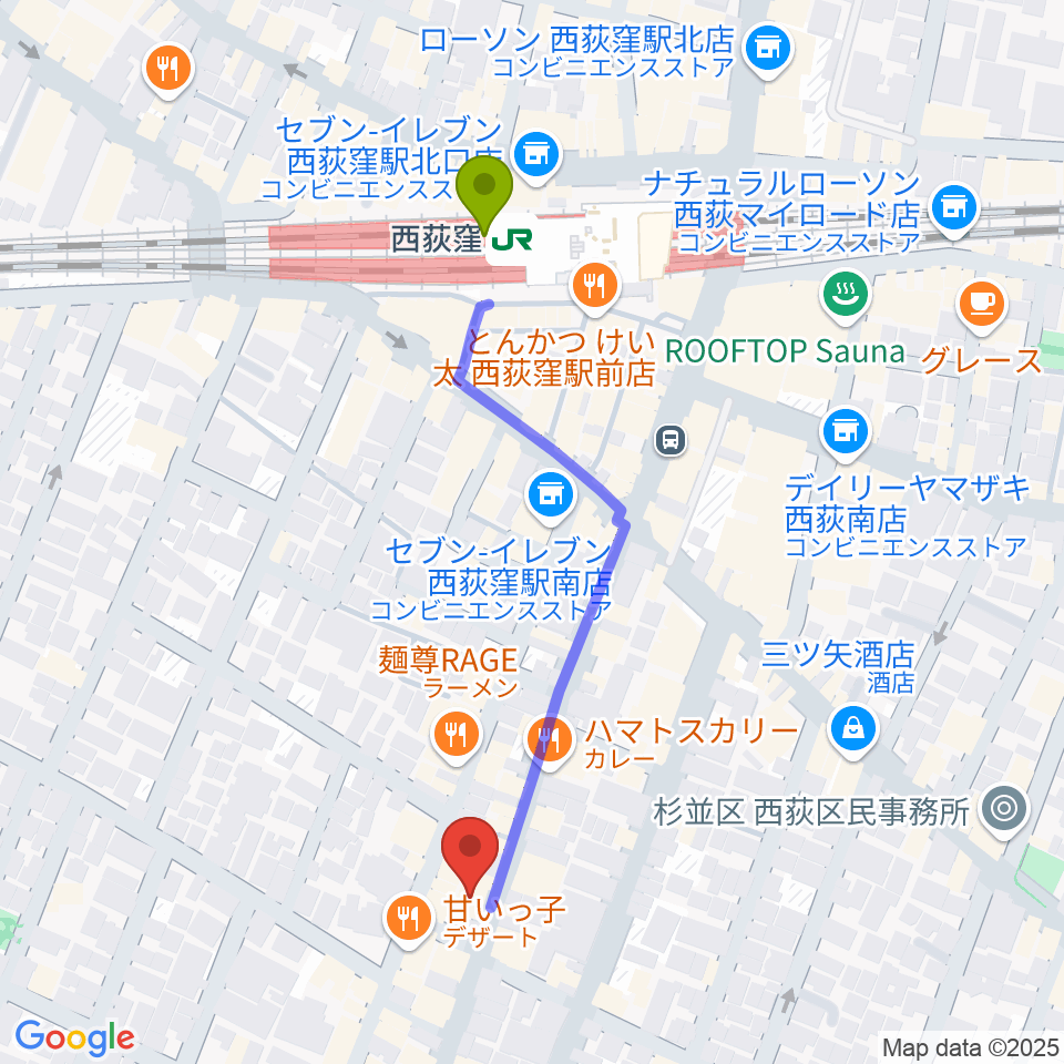 ビッグメイドミュージックの最寄駅西荻窪駅からの徒歩ルート（約5分）地図