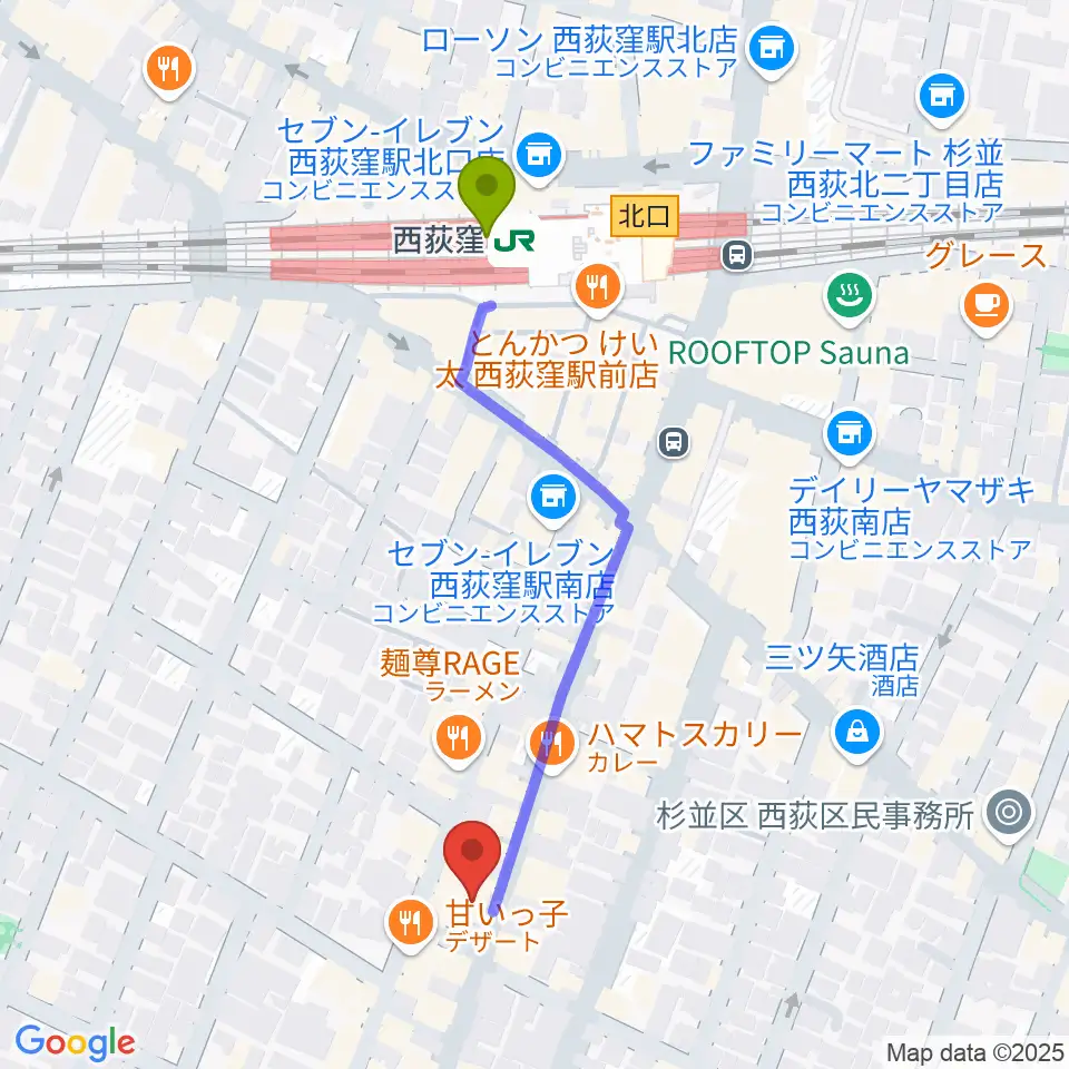 ビッグメイドミュージックの最寄駅西荻窪駅からの徒歩ルート（約5分）地図