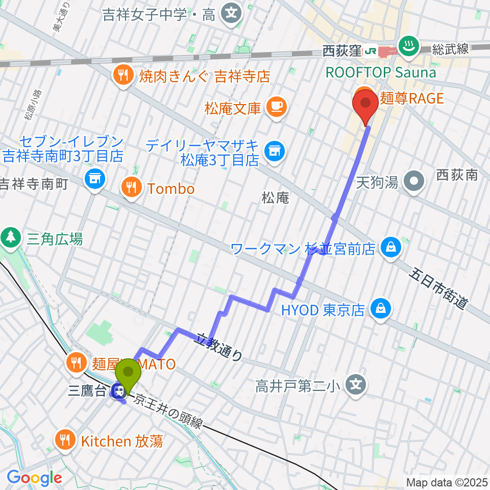 三鷹台駅からビッグメイドミュージックへのルートマップ地図