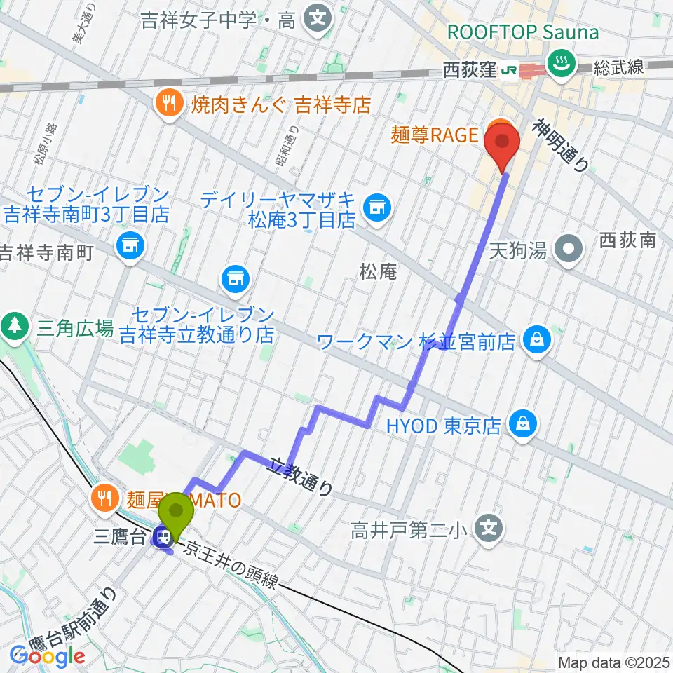 三鷹台駅からビッグメイドミュージックへのルートマップ地図