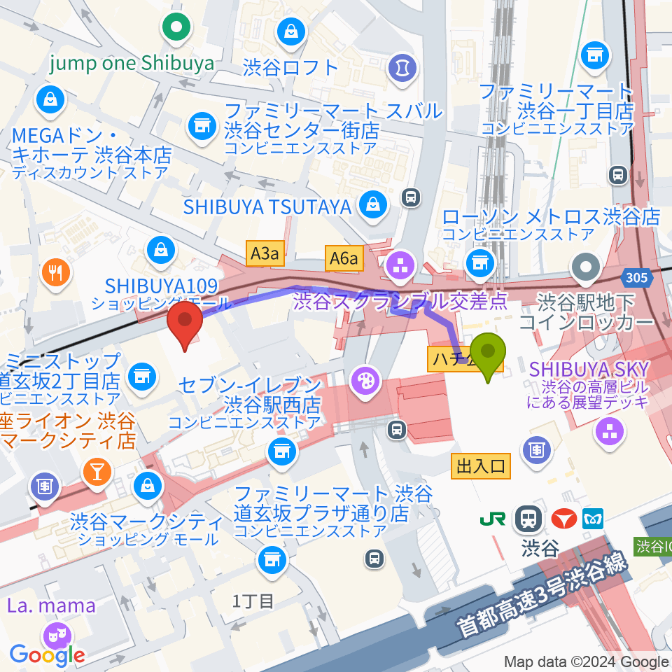 TOHOシネマズ渋谷の最寄駅渋谷駅からの徒歩ルート（約4分）地図