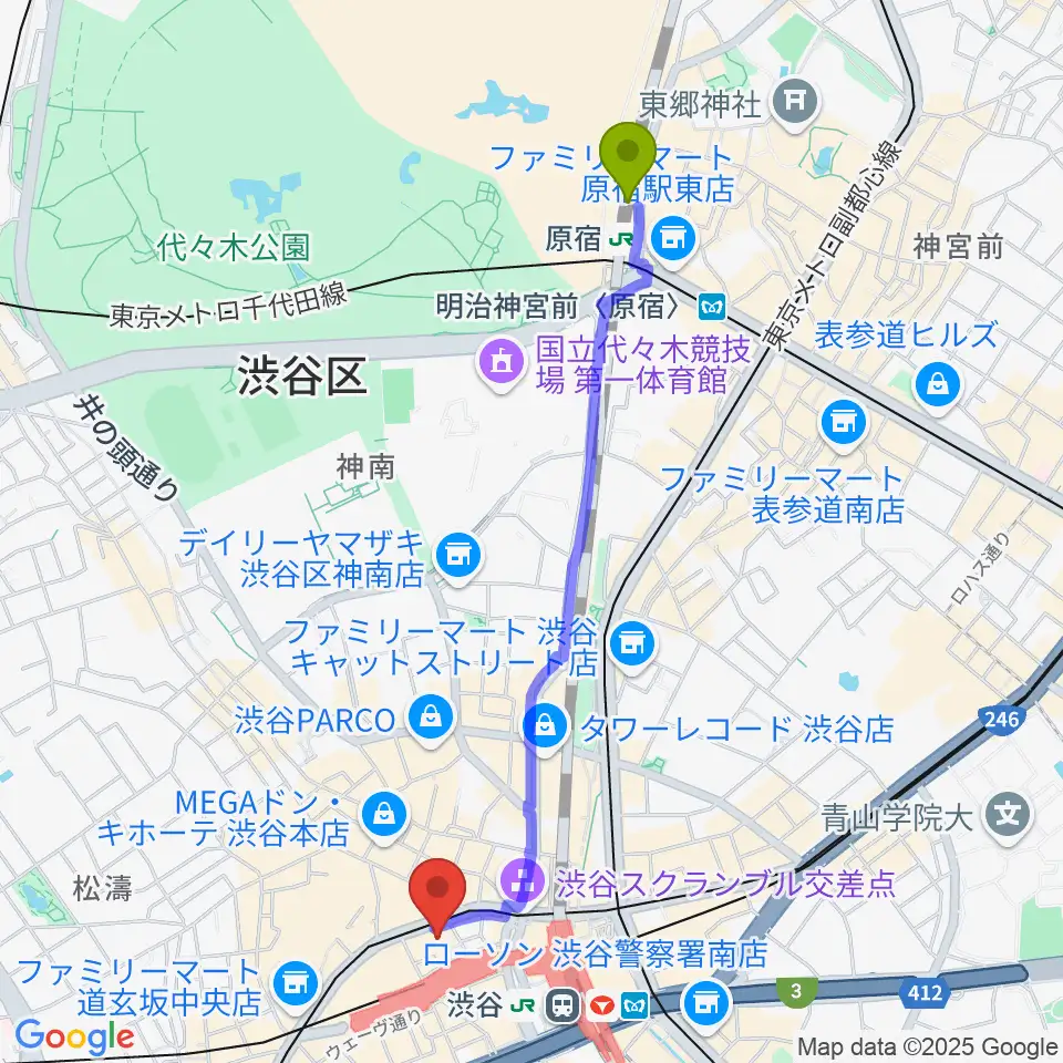 原宿駅からTOHOシネマズ渋谷へのルートマップ地図