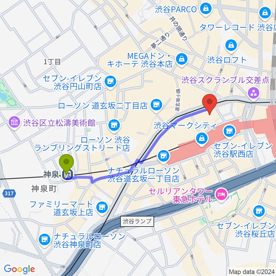 神泉駅からTOHOシネマズ渋谷へのルートマップ地図