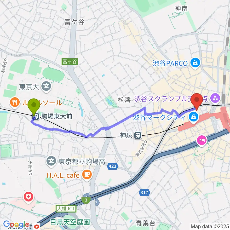 駒場東大前駅からTOHOシネマズ渋谷へのルートマップ地図