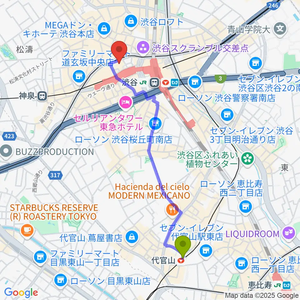 代官山駅からTOHOシネマズ渋谷へのルートマップ地図