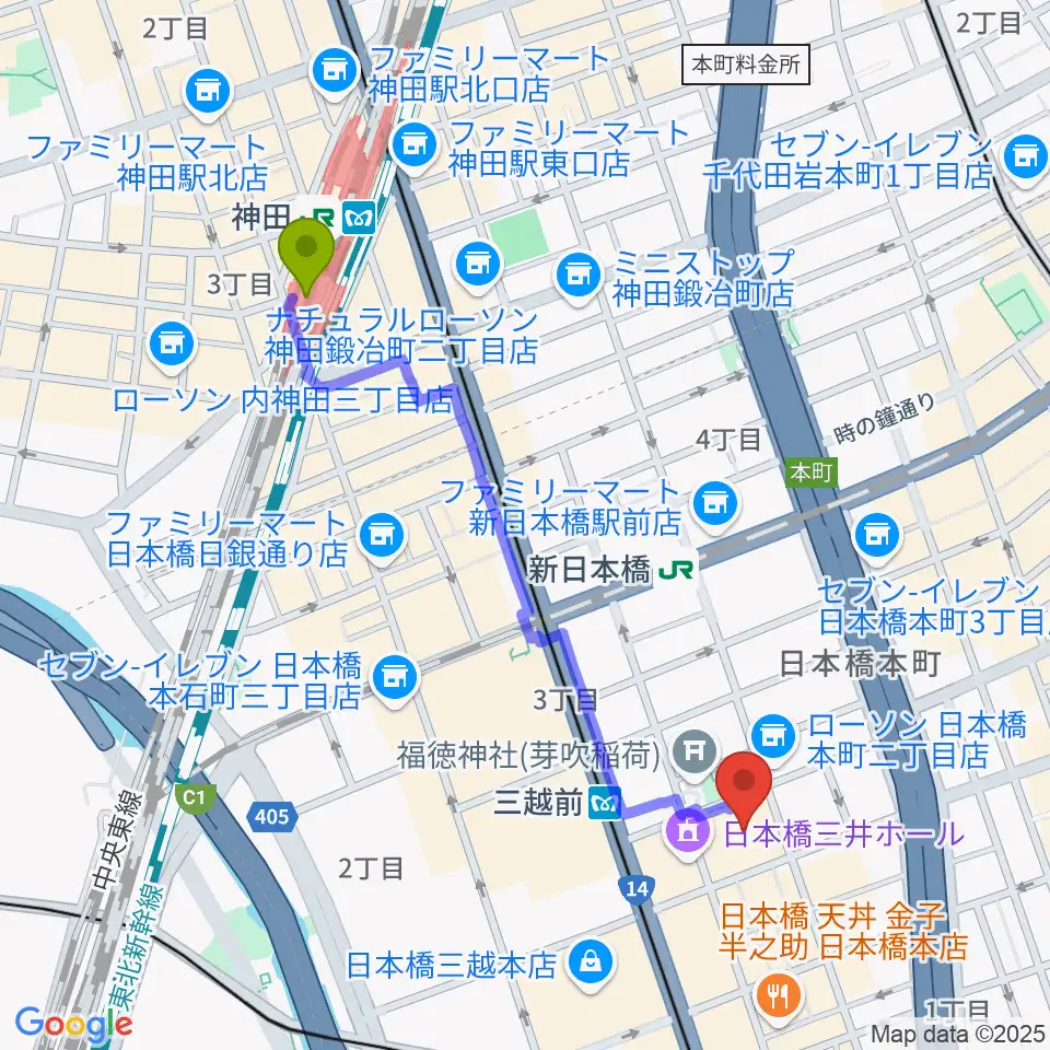 神田駅からTOHOシネマズ日本橋へのルートマップ地図