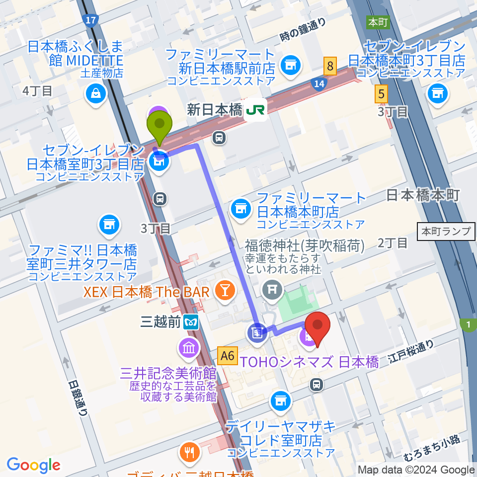 TOHOシネマズ日本橋の最寄駅新日本橋駅からの徒歩ルート（約4分）地図