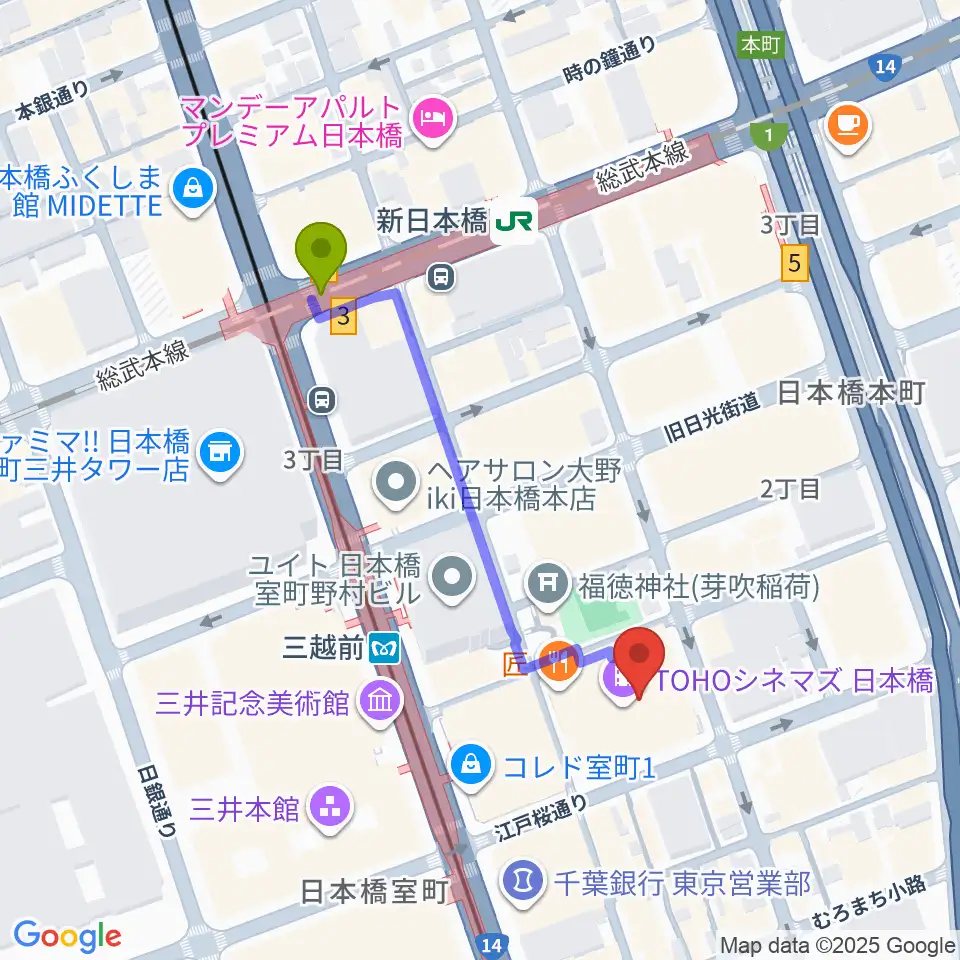 TOHOシネマズ日本橋の最寄駅新日本橋駅からの徒歩ルート（約4分）地図