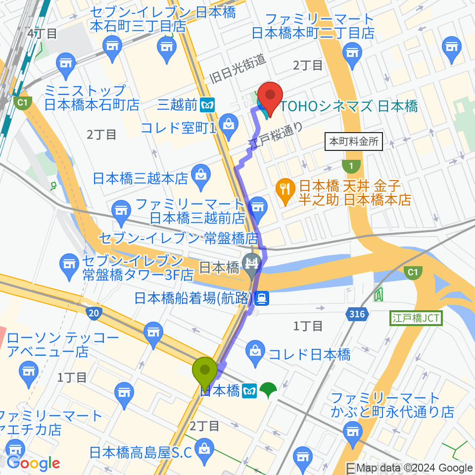 日本橋駅からTOHOシネマズ日本橋へのルートマップ地図