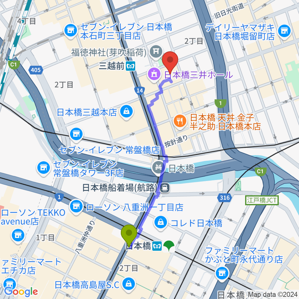 日本橋駅からTOHOシネマズ日本橋へのルートマップ地図