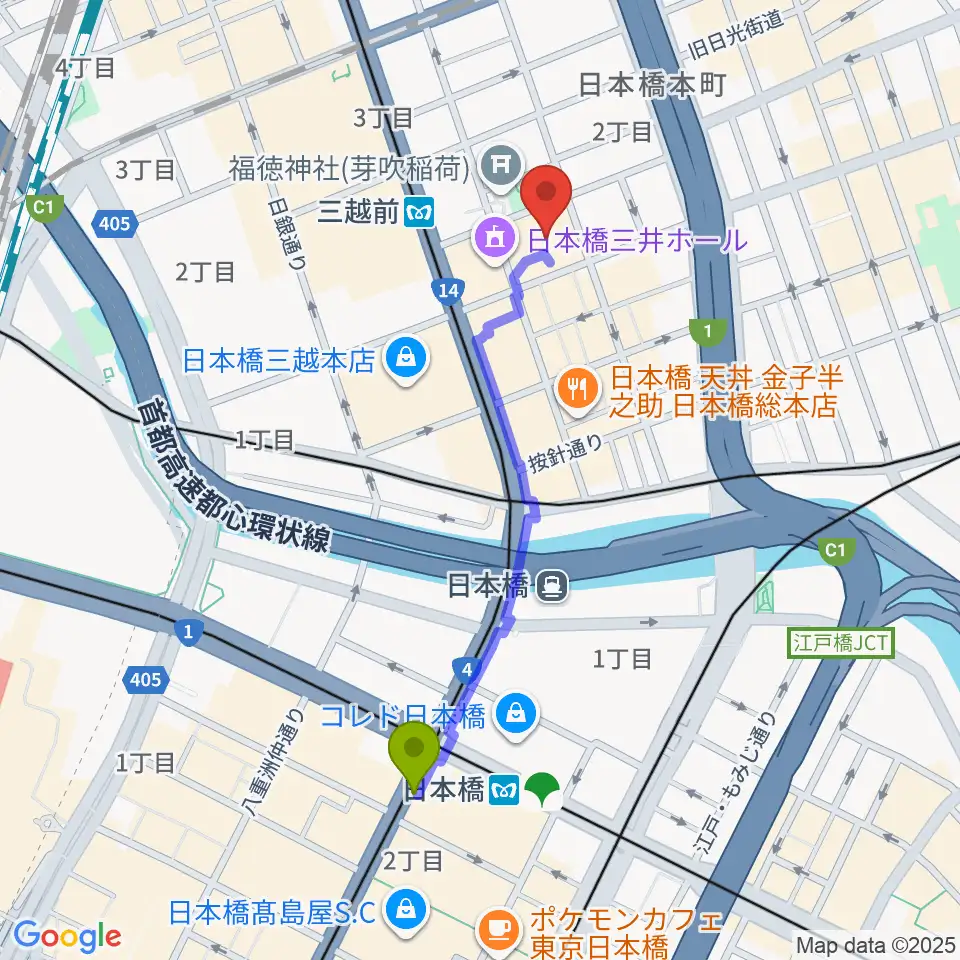 日本橋駅からTOHOシネマズ日本橋へのルートマップ地図