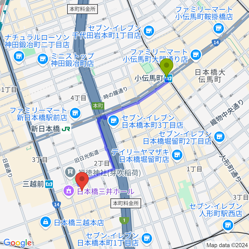 小伝馬町駅からTOHOシネマズ日本橋へのルートマップ地図