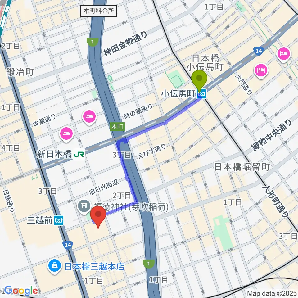 小伝馬町駅からTOHOシネマズ日本橋へのルートマップ地図
