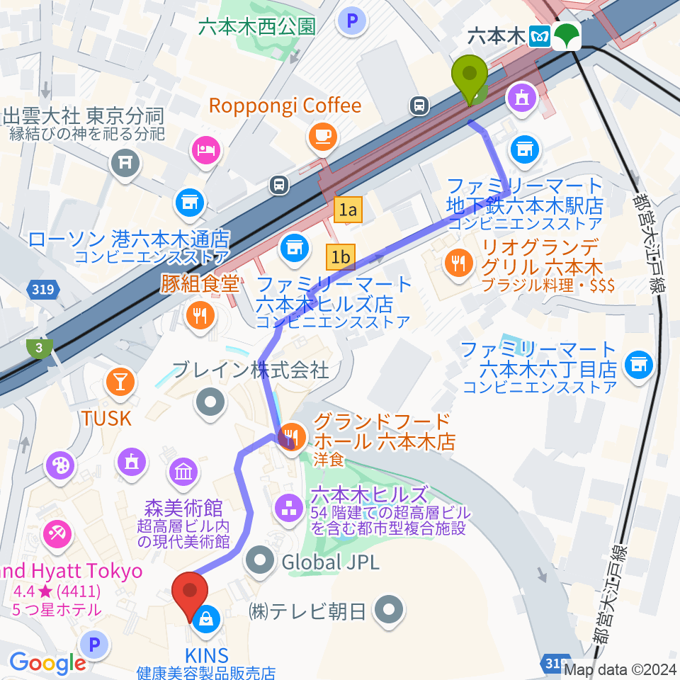 TOHOシネマズ六本木ヒルズの最寄駅六本木駅からの徒歩ルート（約7分）地図