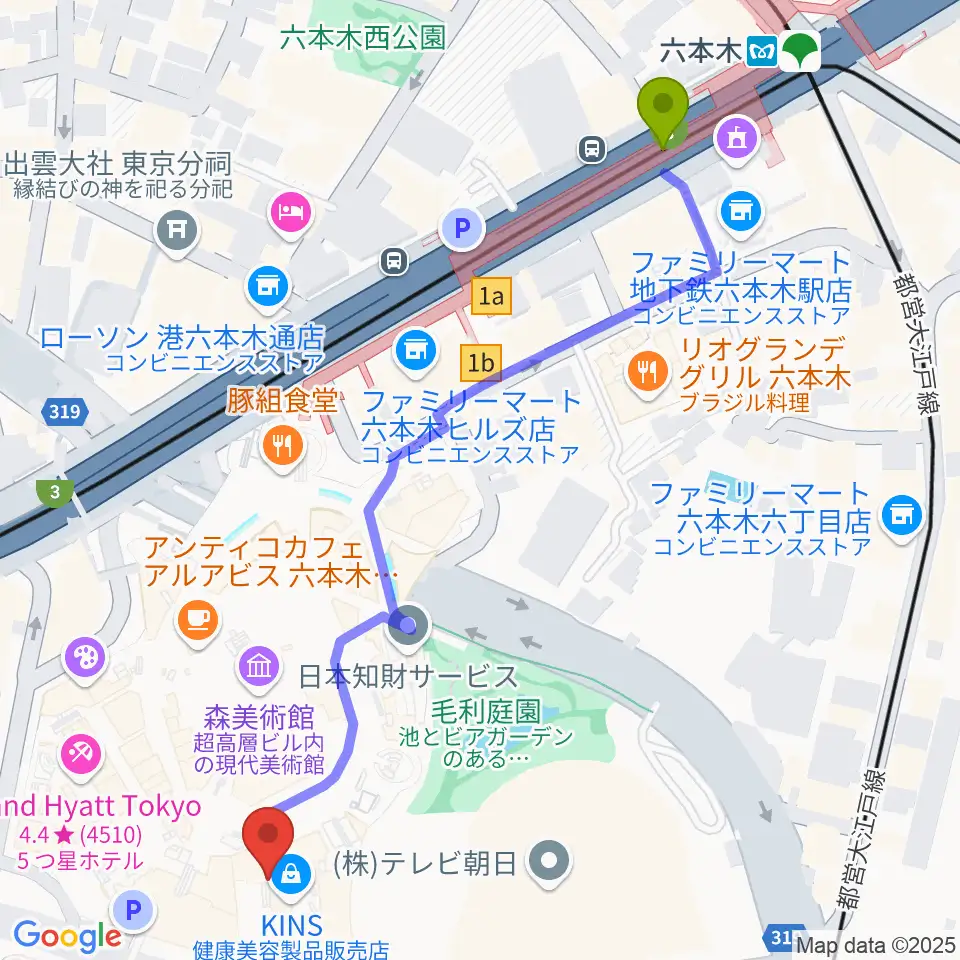 TOHOシネマズ六本木ヒルズの最寄駅六本木駅からの徒歩ルート（約7分）地図