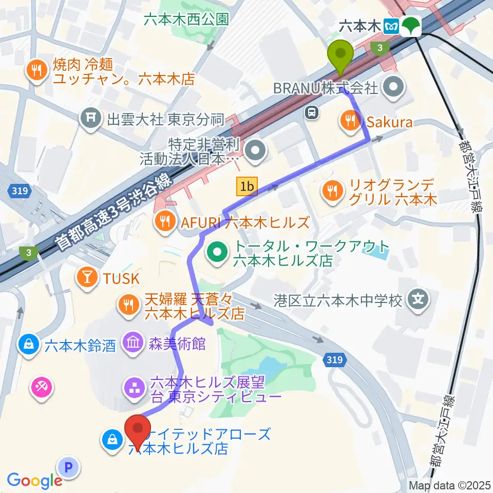 TOHOシネマズ六本木ヒルズの最寄駅六本木駅からの徒歩ルート（約7分）地図