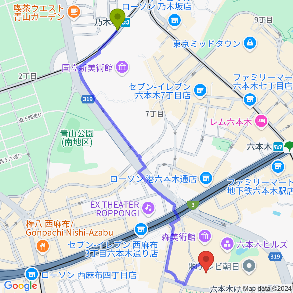 乃木坂駅からTOHOシネマズ六本木ヒルズへのルートマップ地図