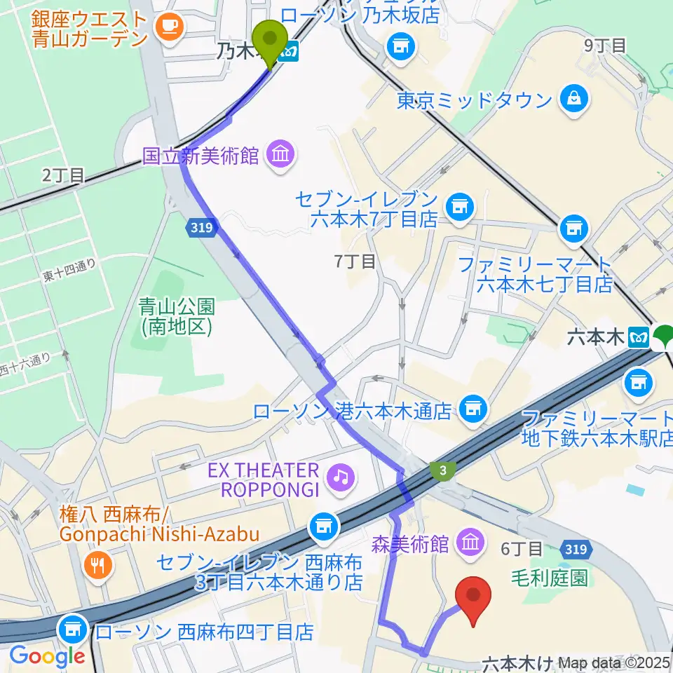 乃木坂駅からTOHOシネマズ六本木ヒルズへのルートマップ地図