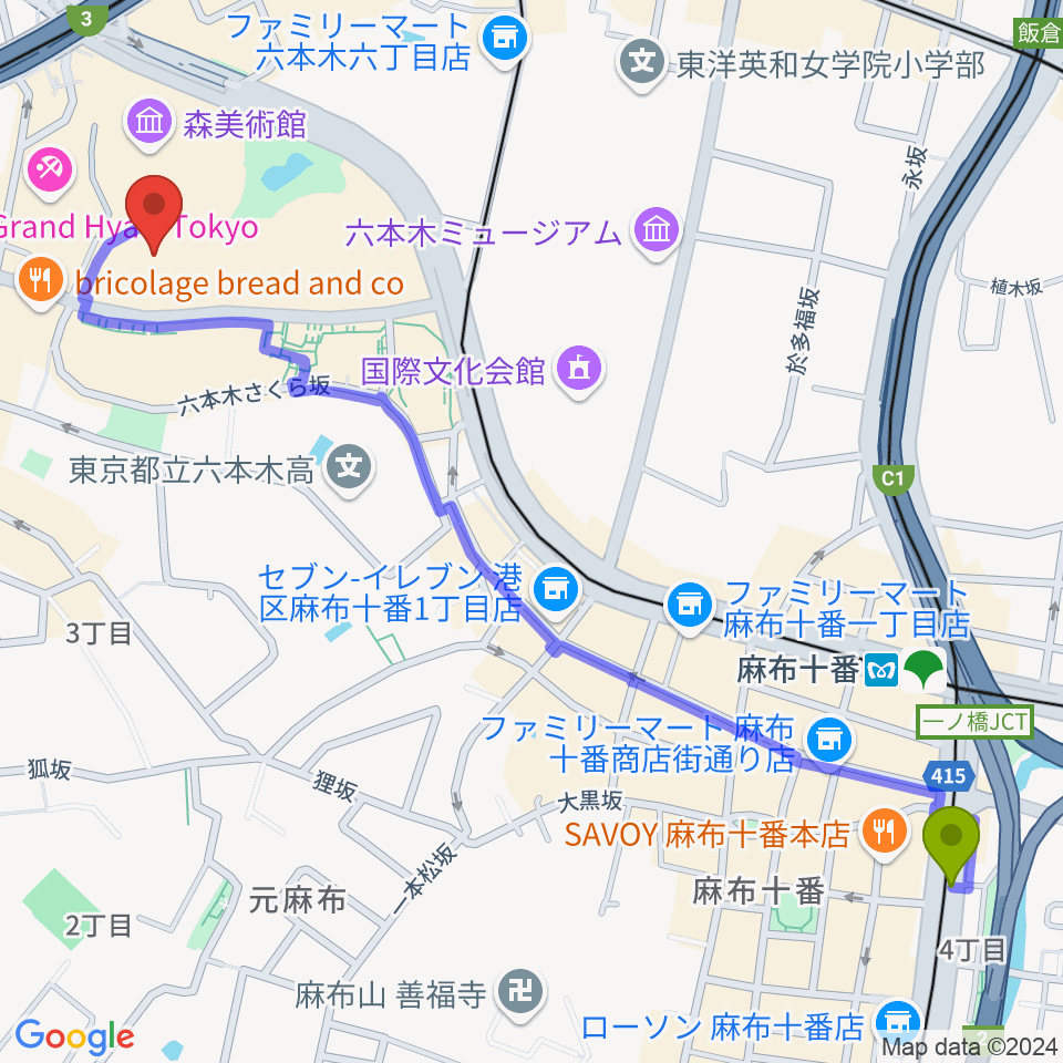 麻布十番駅からTOHOシネマズ六本木ヒルズへのルートマップ地図