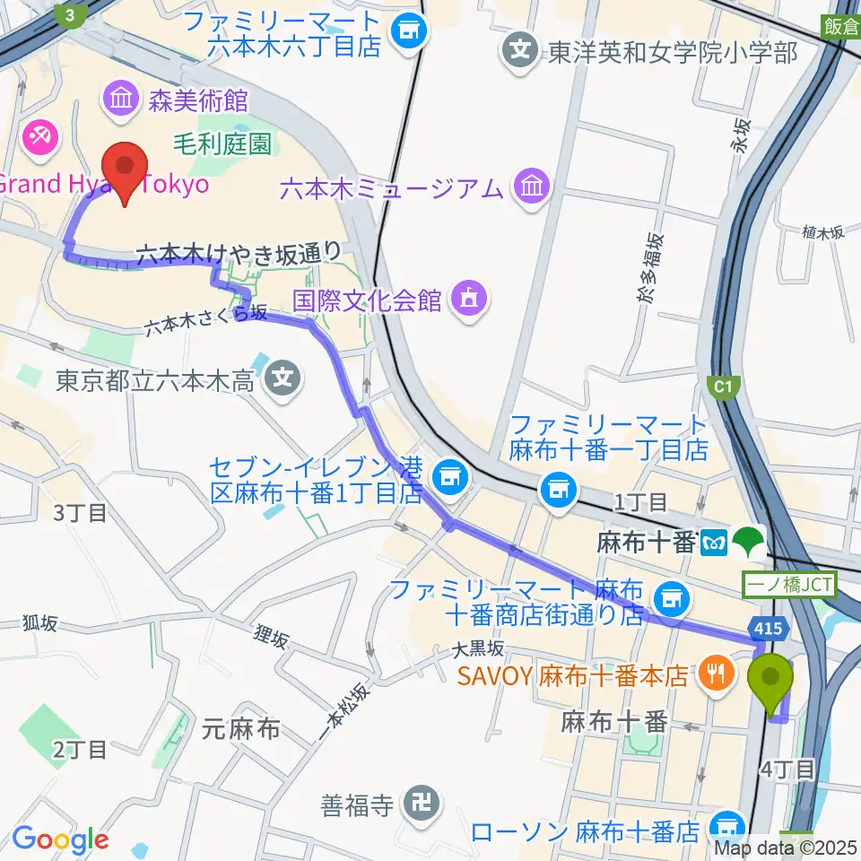 麻布十番駅からTOHOシネマズ六本木ヒルズへのルートマップ地図