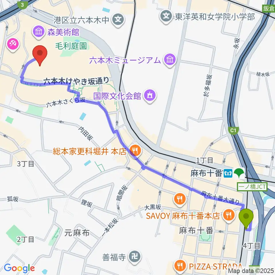 麻布十番駅からTOHOシネマズ六本木ヒルズへのルートマップ地図
