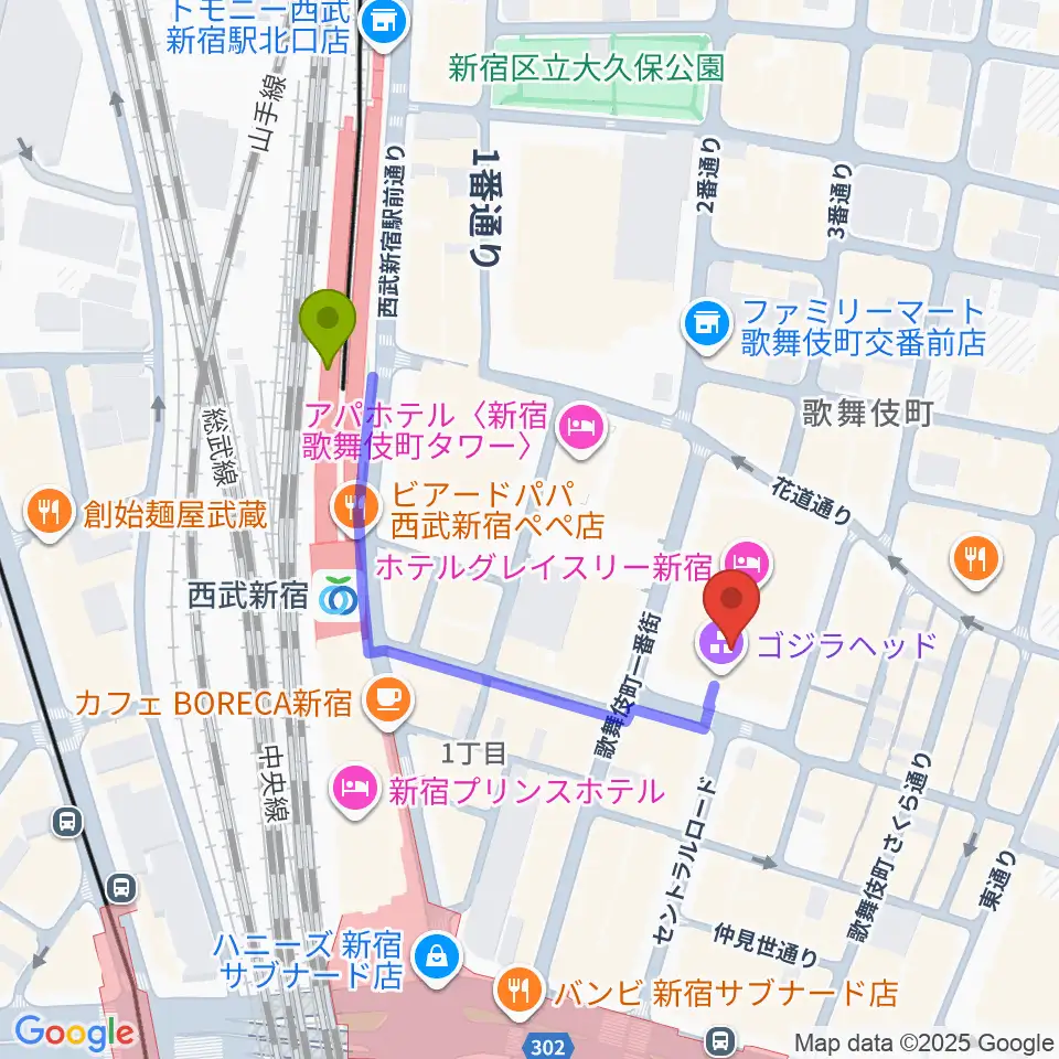 TOHOシネマズ新宿の最寄駅西武新宿駅からの徒歩ルート（約4分）地図