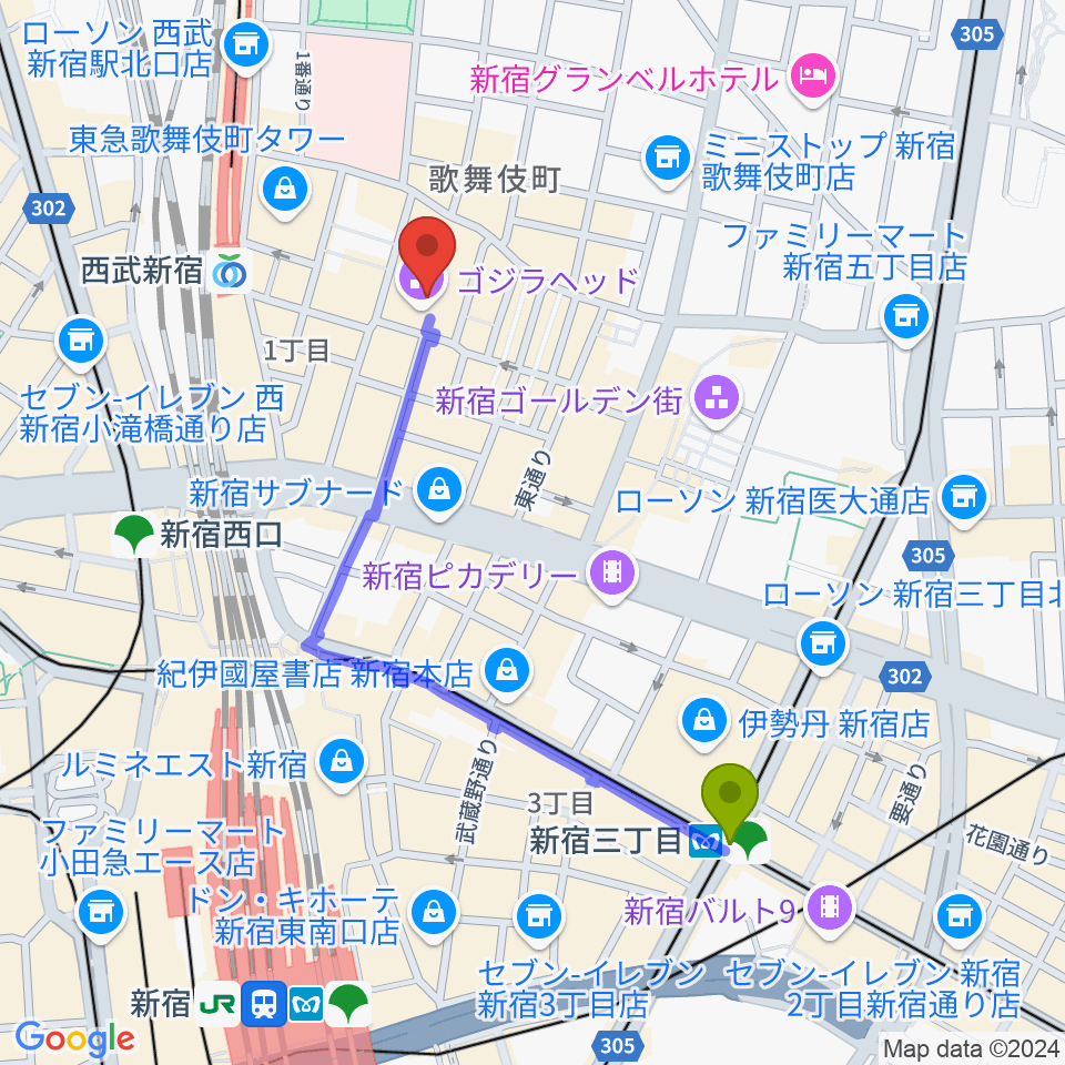 新宿三丁目駅からTOHOシネマズ新宿へのルートマップ地図