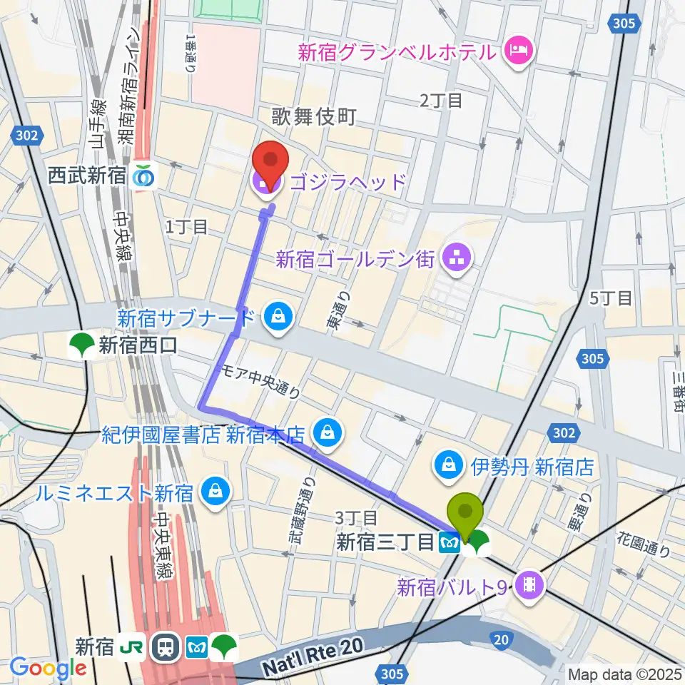 新宿三丁目駅からTOHOシネマズ新宿へのルートマップ地図