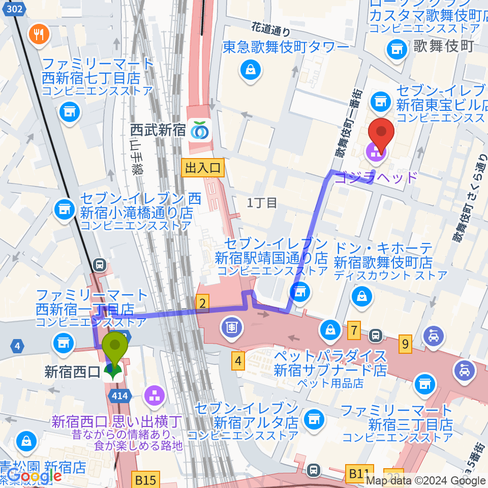 新宿西口駅からTOHOシネマズ新宿へのルートマップ地図