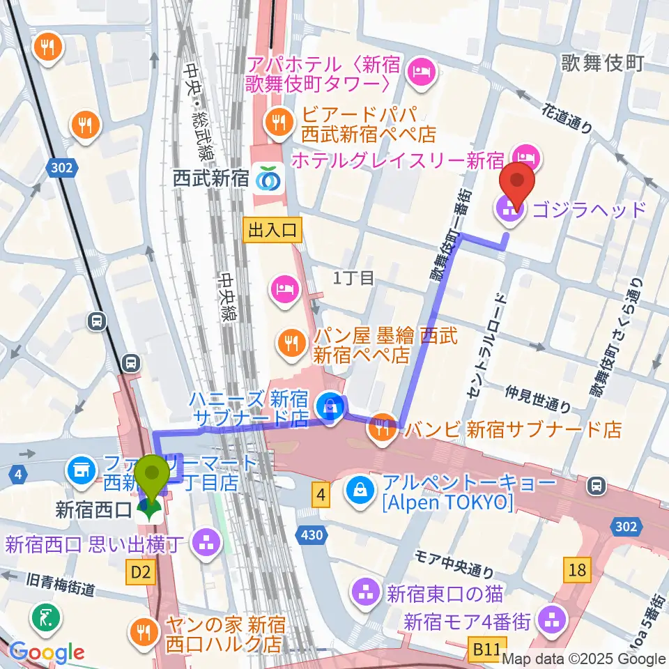 新宿西口駅からTOHOシネマズ新宿へのルートマップ地図