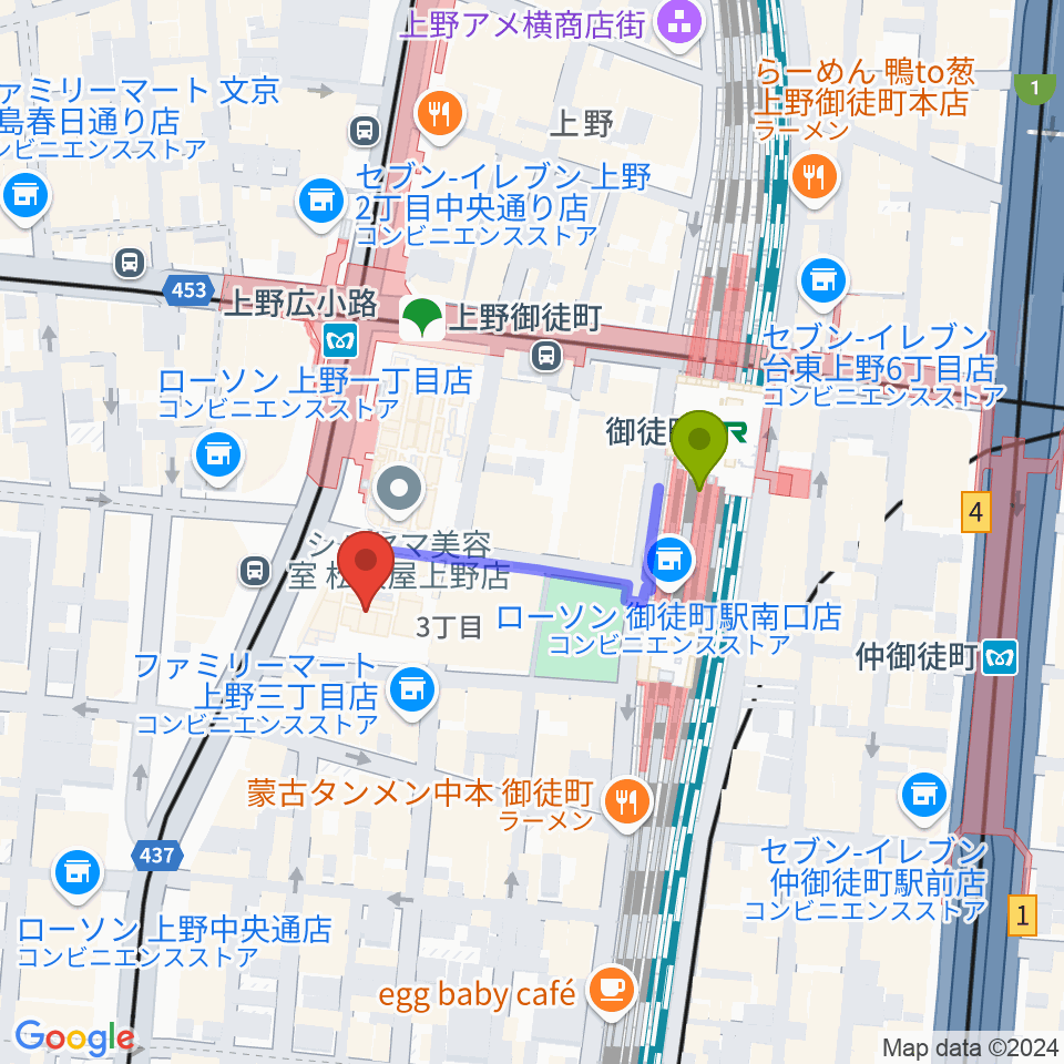 TOHOシネマズ上野の最寄駅御徒町駅からの徒歩ルート（約3分）地図