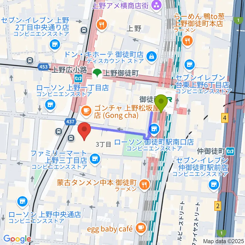 TOHOシネマズ上野の最寄駅御徒町駅からの徒歩ルート（約3分）地図