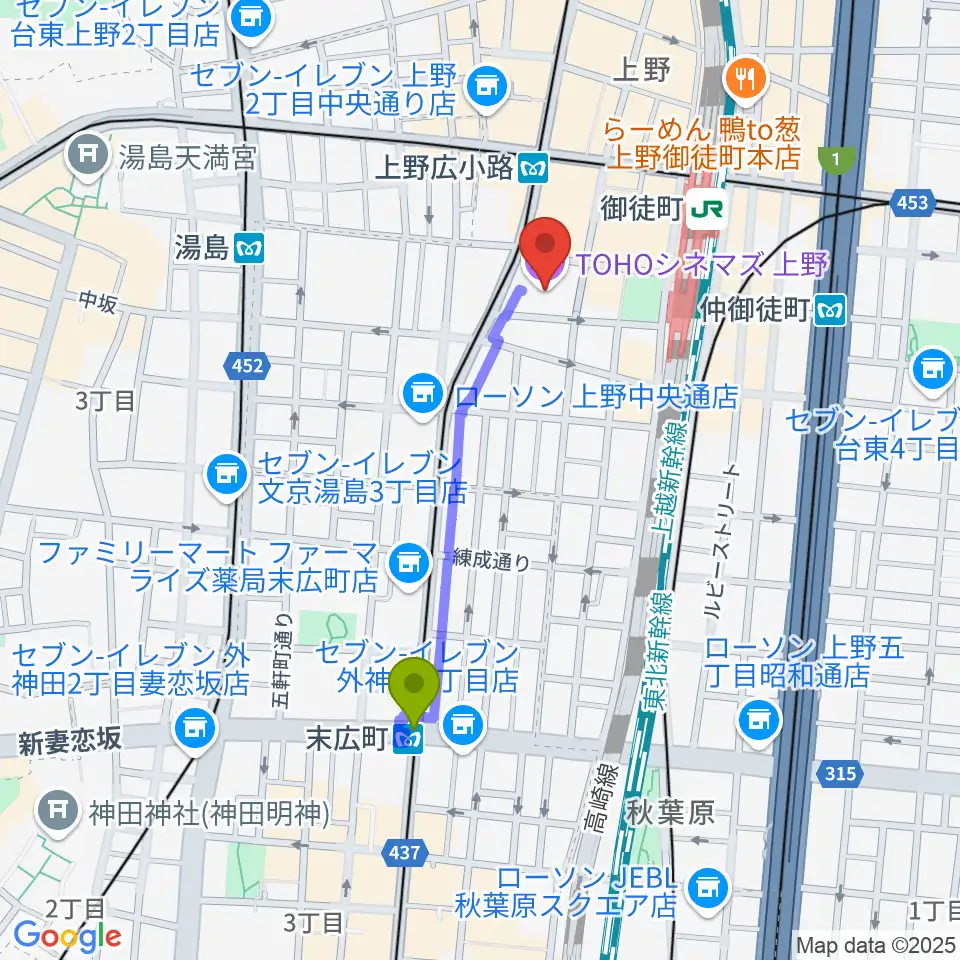 末広町駅からTOHOシネマズ上野へのルートマップ地図