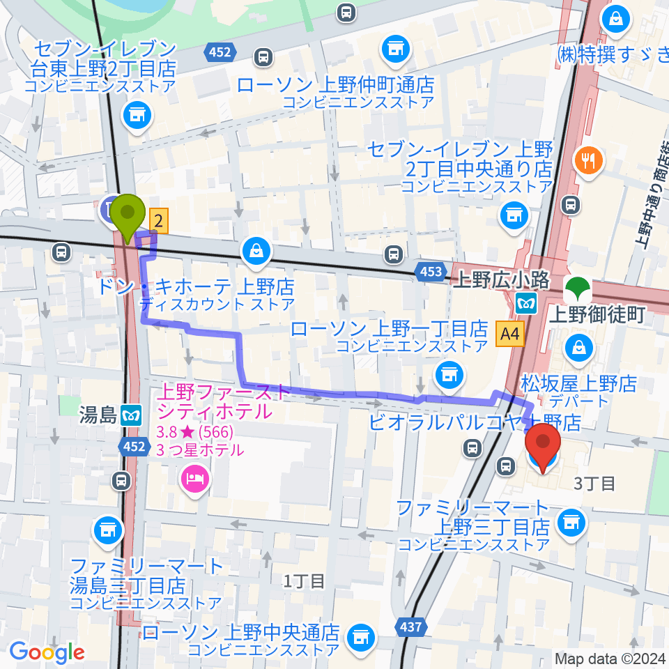 湯島駅からTOHOシネマズ上野へのルートマップ地図