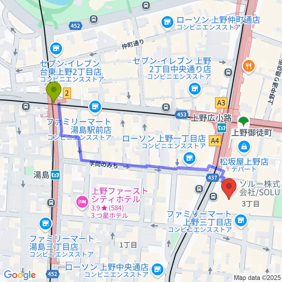 湯島駅からTOHOシネマズ上野へのルートマップ地図
