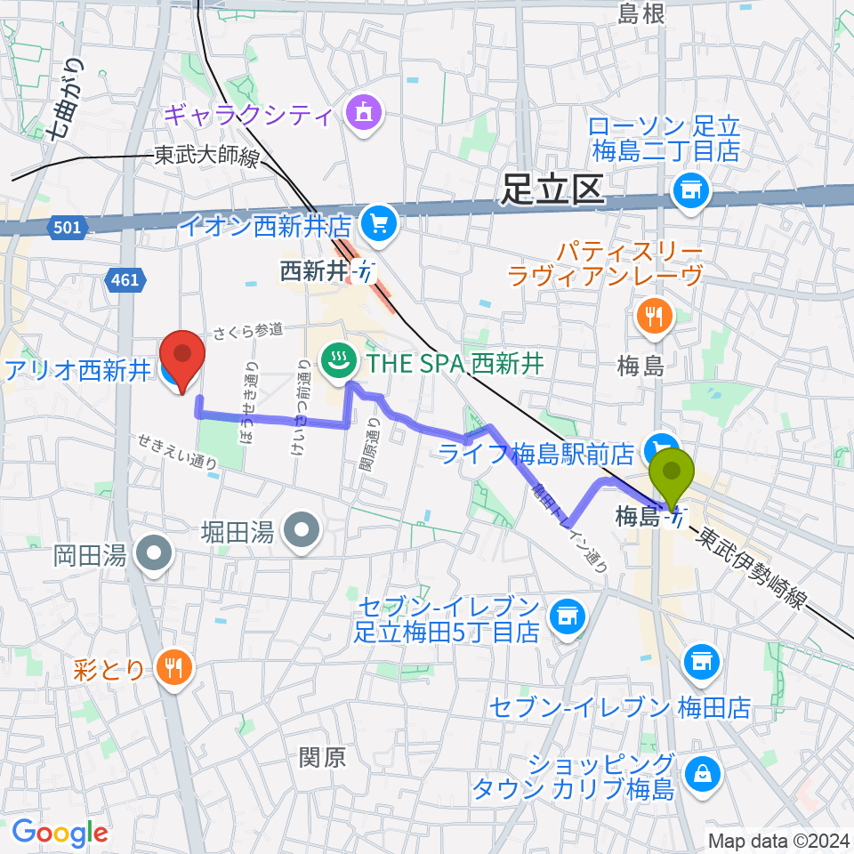 梅島駅からTOHOシネマズ西新井へのルートマップ地図