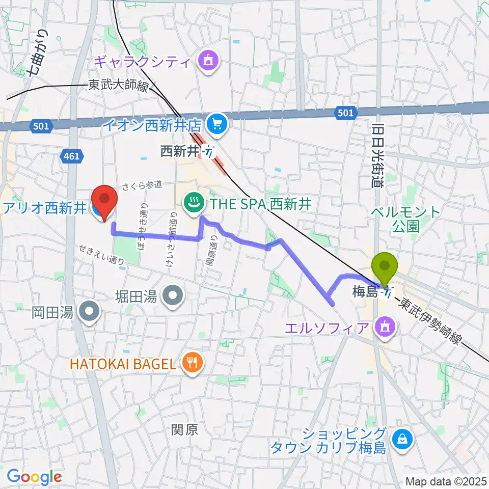 梅島駅からTOHOシネマズ西新井へのルートマップ地図