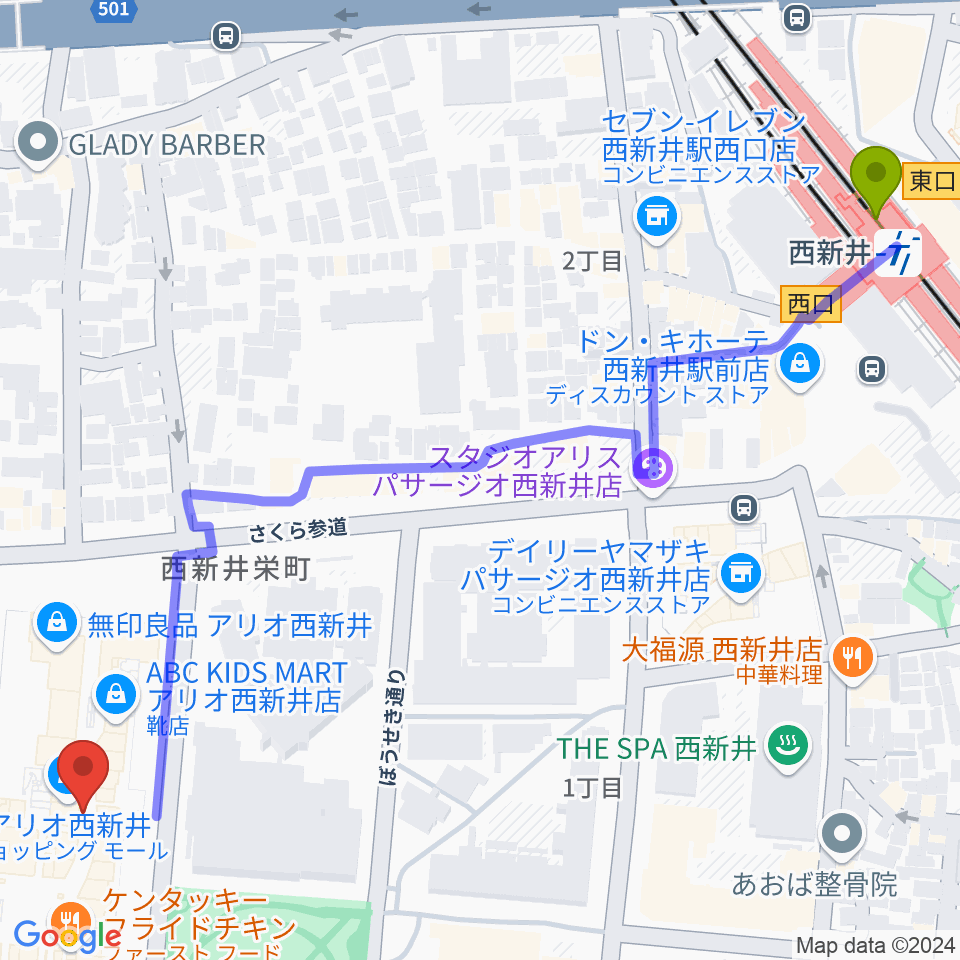 TOHOシネマズ西新井の最寄駅西新井駅からの徒歩ルート（約8分）地図