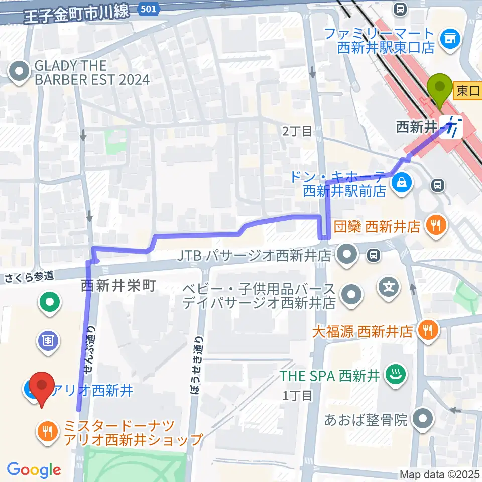 TOHOシネマズ西新井の最寄駅西新井駅からの徒歩ルート（約8分）地図