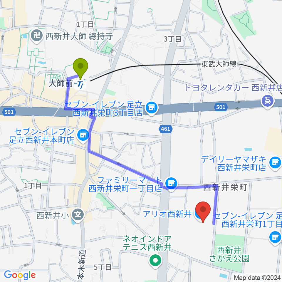 大師前駅からTOHOシネマズ西新井へのルートマップ地図