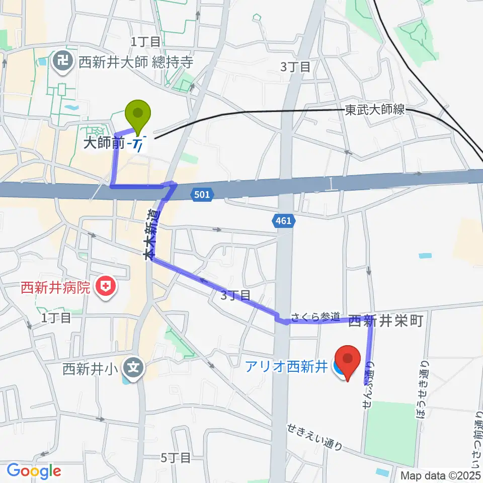 大師前駅からTOHOシネマズ西新井へのルートマップ地図