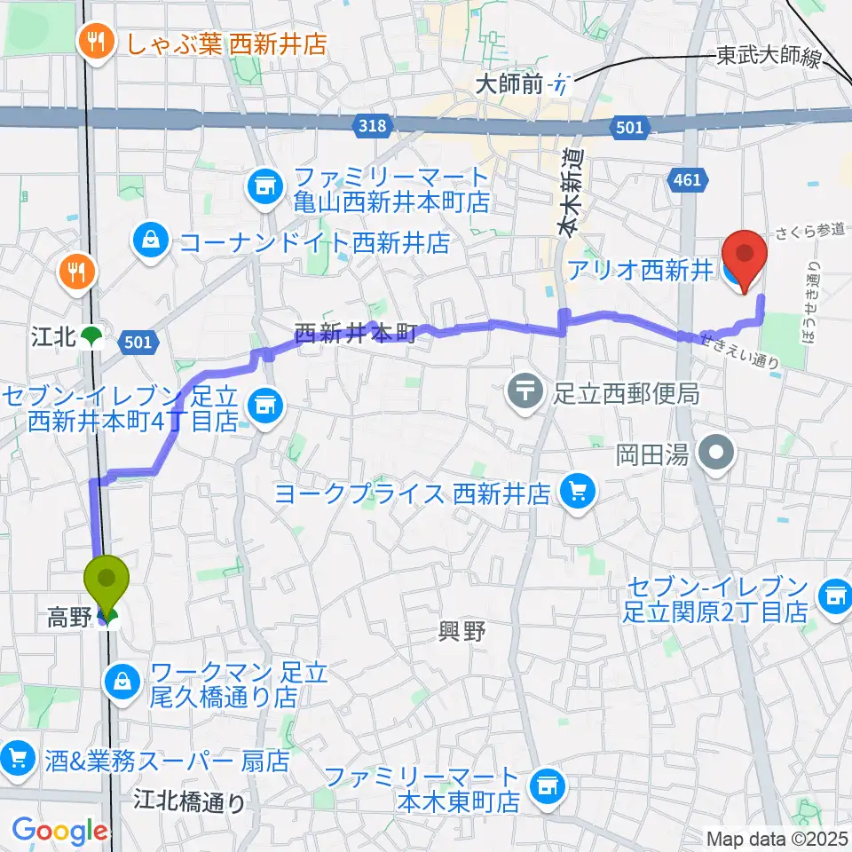 高野駅からTOHOシネマズ西新井へのルートマップ地図