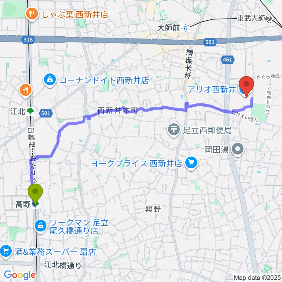 高野駅からTOHOシネマズ西新井へのルートマップ地図