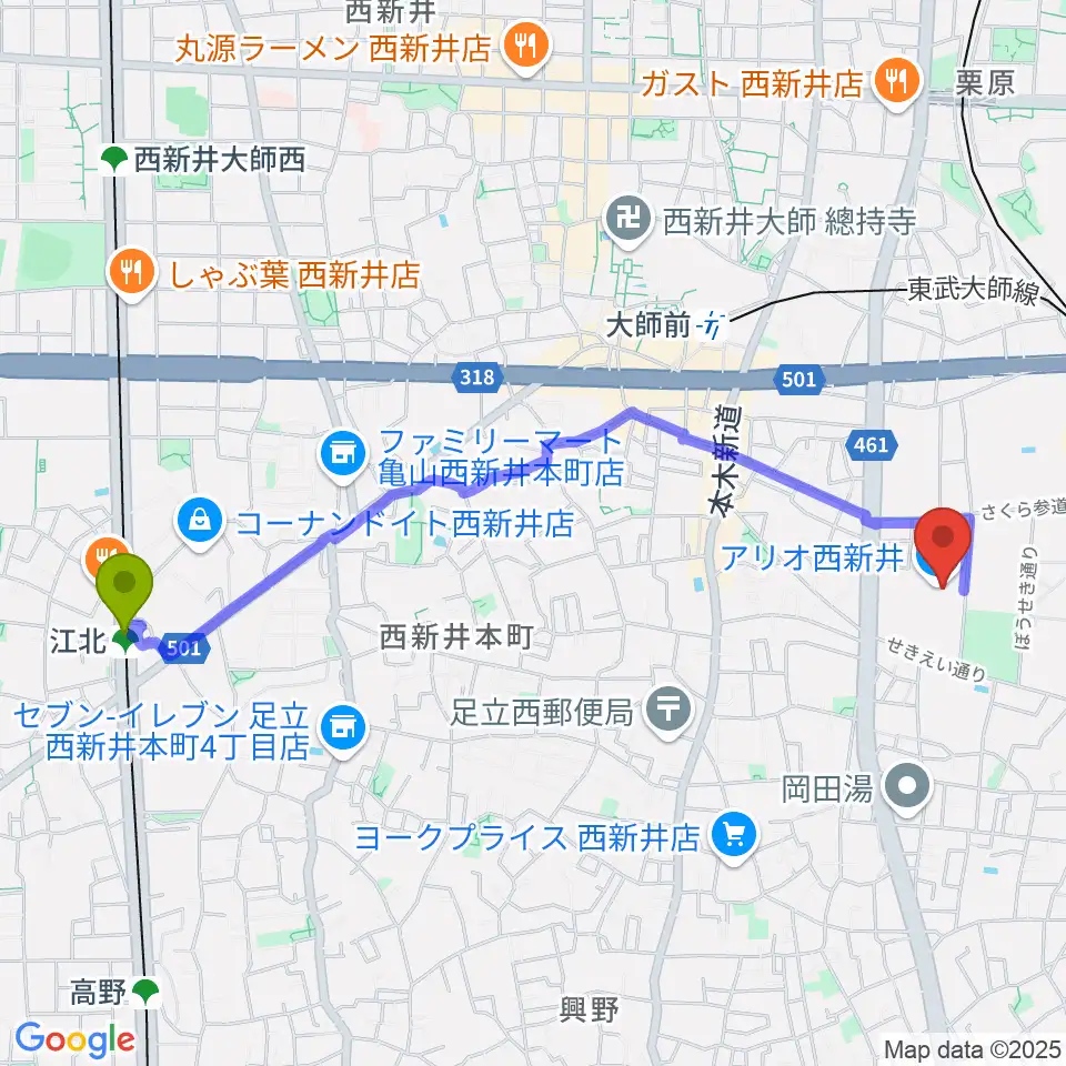 江北駅からTOHOシネマズ西新井へのルートマップ地図