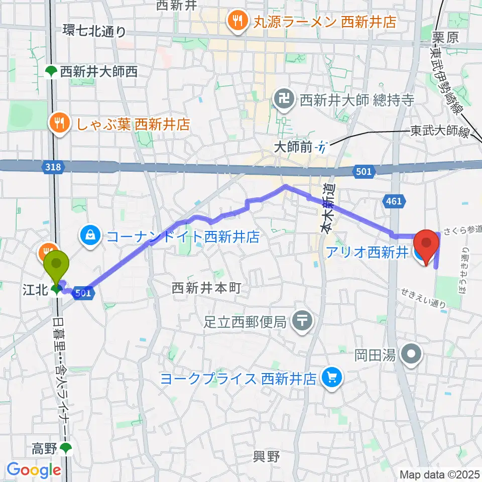 江北駅からTOHOシネマズ西新井へのルートマップ地図