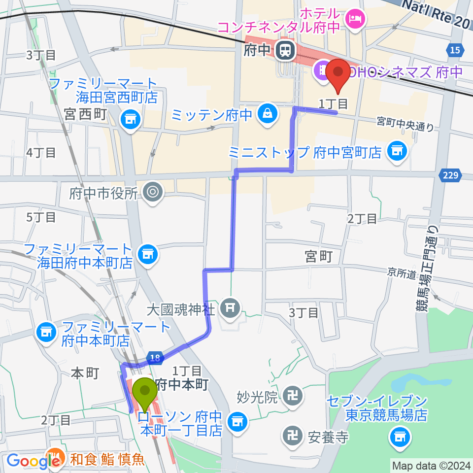 府中本町駅からTOHOシネマズ府中へのルートマップ地図