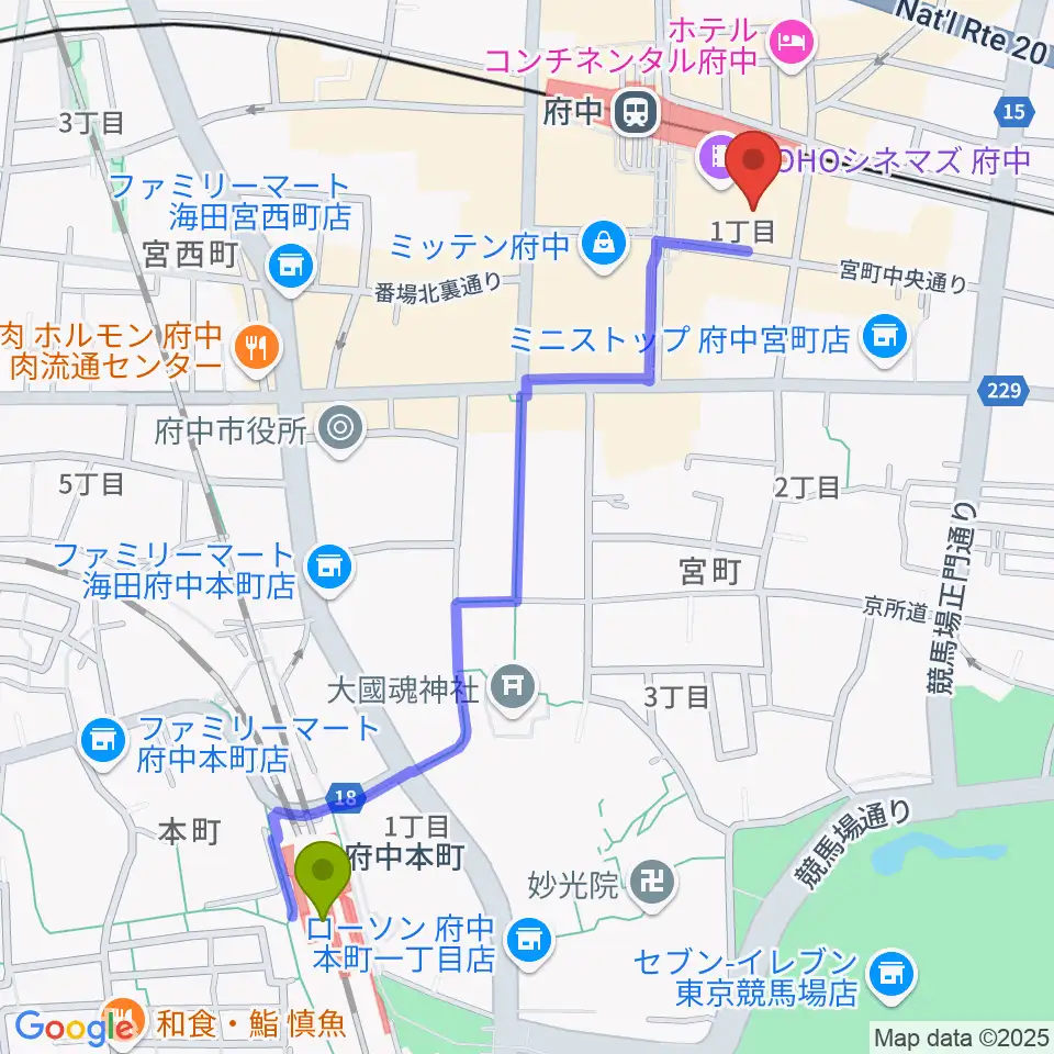 府中本町駅からTOHOシネマズ府中へのルートマップ地図