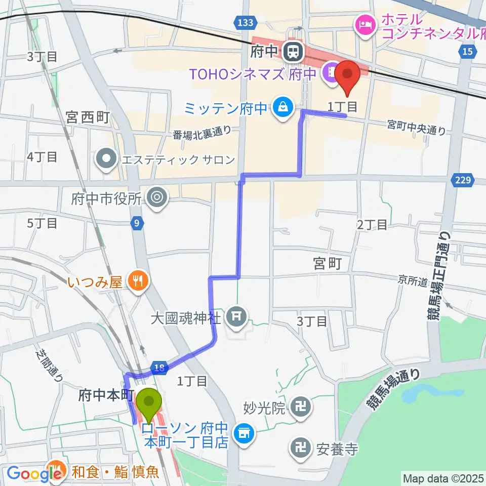 府中本町駅からTOHOシネマズ府中へのルートマップ地図