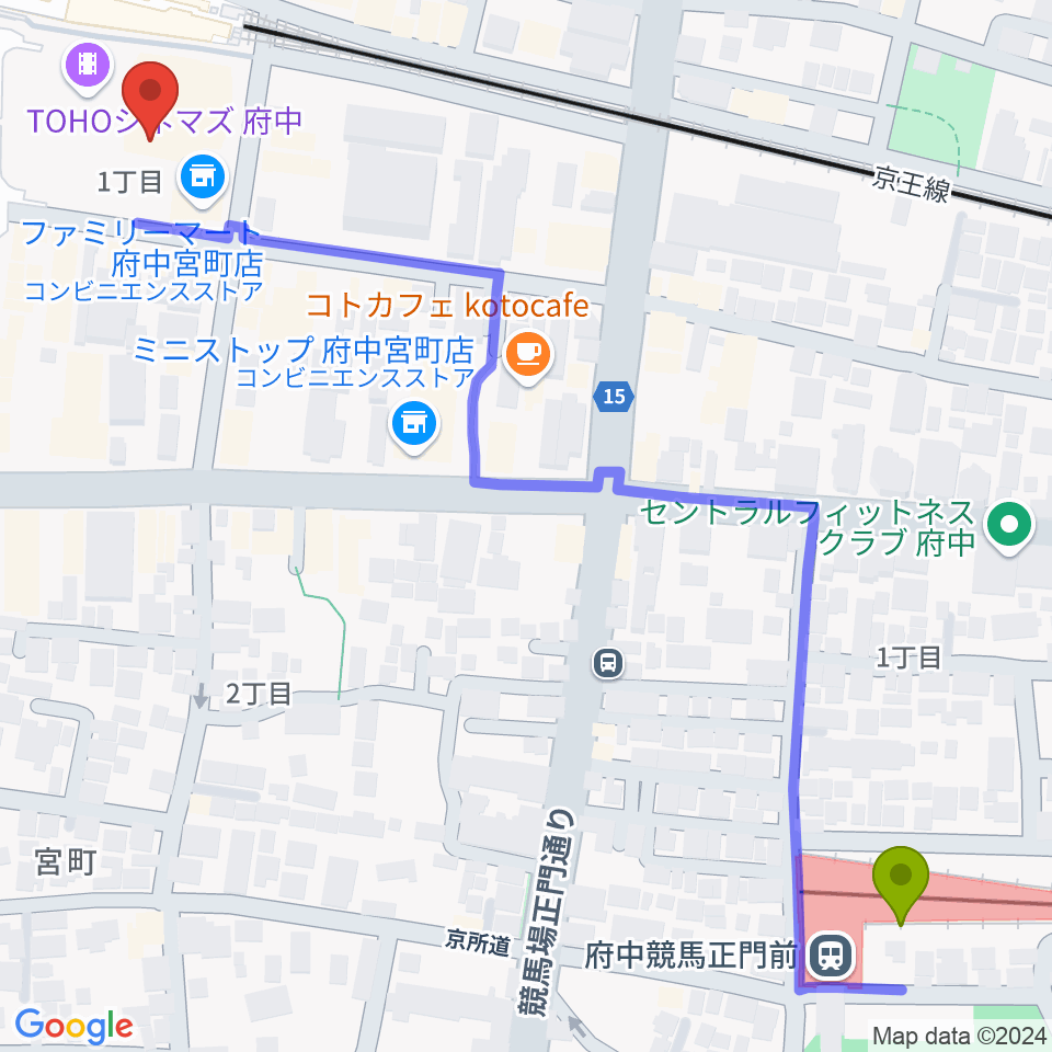 府中競馬正門前駅からTOHOシネマズ府中へのルートマップ地図